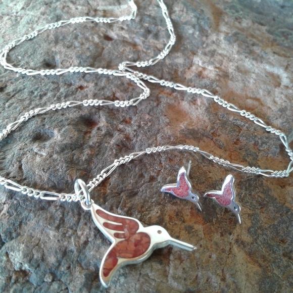 Sterling Silver Vintage Red Coral Hummingbird necklace SET - Picture 7 of 9
